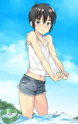 Rule 34 | 1boy, black eyes, black hair, blue sky, blush, bucket, coin rand, cutoffs, day, looking at viewer, male focus, navel, original, outdoors, parted lips, sky, solo, trap, water