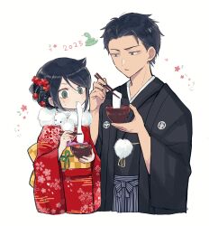 1boy 1girl 2025 bags_under_eyes black_hair black_kimono brother_and_sister chinese_zodiac chopsticks cropped_torso eating egasumi fingernails floral_print floral_print_kimono flower food fur-trimmed_kimono fur_trim green_eyes hair_between_eyes hair_flower hair_ornament highres holding holding_chopsticks japanese_clothes kimono kuroki_tomoki kuroki_tomoko looking_at_another mochi new_year nuka_(nukamochi) obi obijime print_kimono red_kimono sash short_hair siblings simple_background watashi_ga_motenai_no_wa_dou_kangaetemo_omaera_ga_warui! white_background year_of_the_snake yellow_sash