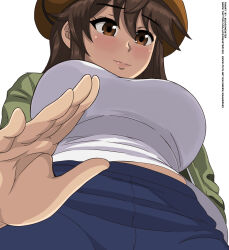 Rule 34 | 1girl, blush, breasts, brown eyes, brown hair, closed mouth, highres, josephscrand, kyochuu rettou, large breasts, long hair, looking at viewer, oribe mutsumi, shirt, solo, white shirt