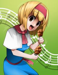 Rule 34 | 1girl, :d, alice margatroid, blonde hair, blue dress, breasts, brown hair, capelet, chicken leg, commentary request, cookie (touhou), cowboy shot, coxinha roll, dress, dual wielding, fried chicken, frilled hairband, frilled necktie, frills, gradient background, green background, hairband, highres, hinase (cookie), holding, kokokko, looking at viewer, medium breasts, meme, musical note, necktie, open mouth, red hairband, red necktie, red sash, sash, shaded face, short hair, smile, solo, staff (music), touhou, white capelet