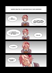 Rule 34 | 1girl, 4koma, arkeden razeare, blue eyes, bow, collared shirt, comic, commentary, constricted pupils, crying, d:, doki doki literature club, english commentary, english text, hair bow, head down, highres, looking at viewer, looking away, neck ribbon, open mouth, parted lips, pink hair, red bow, red ribbon, ribbon, sayori (doki doki literature club), school uniform, shirt, speech bubble, white shirt, wing collar