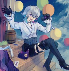 Rule 34 | 1boy, absurdres, androgynous, arm up, balloon, barrel, black gloves, black shorts, blue eyes, blue hair, blue sky, boots, card, cloud, coat, commentary, creature, diamond choker, english commentary, fenori, frilled sleeves, frills, gavis bettel, gloves, grey hair, hair between eyes, happy, heterochromia, high heel boots, high heels, highres, holding, holding microphone, holostars, holostars english, jewelry, long sleeves, looking at viewer, male focus, medium hair, microphone, multicolored hair, music, open mouth, outdoors, phantom (gavis bettel), pink eyes, pink hair, playing card, shirt, shorts, singing, sitting, sky, smile, solo, stairs, star (sky), starry sky, thigh boots, unworn coat, virtual youtuber