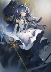 Rule 34 | 1girl, arknights, astesia (arknights), astesia (frlibe on the palace) (arknights), bare shoulders, blue eyes, blue hair, breasts, dress, elbow gloves, feet out of frame, gloves, hair intakes, highres, holding, holding sword, holding weapon, layered dress, long hair, looking at viewer, official alternate costume, parted lips, sleeveless, sleeveless dress, small breasts, solo, standing, sword, very long hair, weapon, white dress, white gloves, zeriko