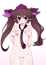 Rule 34 | 1girl, blush, brown hair, censored, collarbone, covering privates, covering breasts, female focus, flat chest, hair ribbon, hat, heart, highres, himekaidou hatate, long hair, looking at viewer, naked necktie, navel, necktie, nude, pointy ears, purple eyes, pussy, ribbon, shirogane (platinum), solo, tokin hat, touhou, twintails