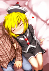 Rule 34 | 1boy, 1girl, arm support, bed, blonde hair, blush, checkered clothes, checkered shirt, crescent, closed eyes, hat, heart, hetero, kazetto, lunasa prismriver, plaid, plaid shirt, shirt, short hair, sitting, skirt, skirt set, smile, touhou