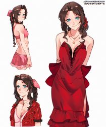 Rule 34 | 1girl, aerith gainsborough, aerith gainsborough (pink mermaid), bikini, bikini skirt, blue eyes, braid, braided ponytail, breasts, brown hair, cesar art456, cleavage, dress, final fantasy, final fantasy vii, final fantasy vii rebirth, final fantasy vii remake, flower, frilled dress, frills, green eyes, hair flower, hair ornament, highres, jewelry, looking at viewer, multiple persona, necklace, official alternate costume, pink bikini, pink dress, red dress, simple background, smile, star (symbol), star necklace, strapless, strapless dress, swimsuit, upper body