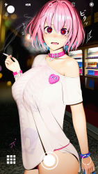 Rule 34 | 1girl, banned artist, bare shoulders, blue hair, blush, breasts, cigarette, collar, collarbone, earrings, fang, heart-shaped lock, highres, idolmaster, idolmaster cinderella girls, jellytits-7, jewelry, large breasts, looking at viewer, multicolored hair, open mouth, pill earrings, pink collar, pink eyes, pink hair, shirt, short hair, short sleeves, skeleton print, smoking, solo, thighs, two-tone hair, viewfinder, white shirt, yumemi riamu