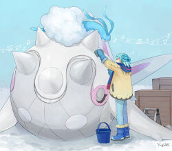 Rule 34 | 1boy, altaria, blue footwear, blue scarf, boots, bucket, cetitan, closed eyes, commentary request, crate, creatures (company), day, game freak, gen 3 pokemon, green hair, green pants, grusha (pokemon), highres, jacket, ladder, male focus, musical note, nintendo, outdoors, pants, pokemon, pokemon (creature), pokemon sv, scarf, signature, snow, stepladder, striped clothes, striped scarf, washing, yellow jacket, yuu (hguy sv)