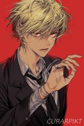 Rule 34 | 1other, androgynous, black suit, blonde hair, chain, formal, highres, hun pang3321, hunter x hunter, jewelry, kurapika, long sleeves, looking at viewer, multiple rings, necktie, nen (hunter x hunter), red background, red eyes, ring, shirt, short hair, simple background, solo, suit, upper body, white shirt