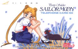 1990s_(style) 1girl bishoujo_senshi_sailor_moon black_cat blonde_hair blue_eyes blue_skirt card_(medium) cat company_name copyright_name double_bun hair_bun knees_to_chest knees_up log long_hair luna_(sailor_moon) miniskirt non-web_source official_art pleated_skirt puffy_short_sleeves puffy_sleeves retro_artstyle scan short_sleeves sitting skirt smile solo tsukino_usagi twintails very_long_hair