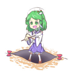 Rule 34 | &gt;:d, :d, bad end, falling, frog hair ornament, gap (touhou), gohei, green eyes, green hair, hair ornament, highres, kochiya sanae, motion lines, no pupils, open mouth, peroponesosu., pitfall, sleeves rolled up, smile, solo, touhou, v-shaped eyebrows, white background