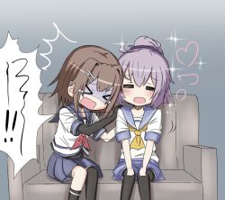 Rule 34 | &gt; &lt;, 2girls, :d, = =, ^^^, aoba (kancolle), black bodysuit, black gloves, black legwear, blue shorts, blue skirt, bodysuit, brown hair, collarbone, comic, couch, elbow gloves, furutaka (kancolle), gloves, guriin, hair between eyes, hair ornament, hair scrunchie, hairclip, hand on another&#039;s shoulder, heart, high ponytail, kantai collection, multiple girls, neckerchief, on couch, open mouth, pleated skirt, ponytail, purple hair, purple scrunchie, red neckerchief, scared, school uniform, scrunchie, serafuku, shirt, short hair, short shorts, short sleeves, shorts, single elbow glove, single sock, single thighhigh, sitting, skirt, smile, socks, sparkle, tears, thighhighs, translated, turn pale, wavy mouth, white shirt, yellow neckerchief