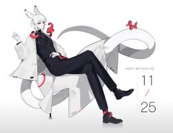 Rule 34 | 1boy, absurdres, animal, animal ears, apple, balloon animal, black footwear, black jacket, black pants, black suit, black sweater, closed mouth, coat, commentary, cross, cross necklace, crossed legs, crrn, dated, english commentary, english text, food, formal, fruit, full body, gradient background, hand up, happy birthday, highres, invisible chair, jacket, jewelry, long sleeves, looking at viewer, male focus, necklace, original, pants, rabbit ears, red eyes, short hair, simple background, sitting, smile, snake, snake boy, snake tail, solo, suit, sweater, tail, turtleneck, turtleneck sweater, very long tail, white background, white coat, white hair