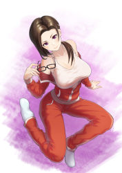 Rule 34 | 10s, 1girl, absurdres, arm support, avayosi1, bad id, bad pixiv id, bare shoulders, black hair, breasts, demi-chan wa kataritai, unworn eyewear, full body, glasses, hair over shoulder, highres, holding, holding removed eyewear, large breasts, looking at viewer, off shoulder, ponytail, purple eyes, satou sakie, sitting, smile, solo, tank top, track suit, white legwear