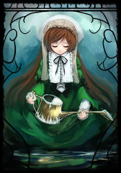 Rule 34 | 00s, amejou satoshi, brown hair, dress, closed eyes, hat, long hair, rozen maiden, solo, suiseiseki, very long hair, watering can