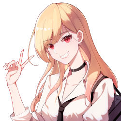 Rule 34 | 1girl, :d, absurdres, bag, black choker, black necktie, blonde hair, choker, commentary request, earrings, female focus, grin, highres, jewelry, kitagawa marin, long hair, looking at viewer, loose necktie, necktie, open mouth, red eyes, school bag, simple background, smile, solo, sono bisque doll wa koi wo suru, upper body, v, white background, ziranyuan