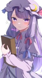 Rule 34 | 1girl, blue ribbon, blunt bangs, blush, book, capelet, clenched teeth, commentary request, crescent, crescent hat ornament, diamond-shaped pupils, diamond (shape), dress, eyelashes, frilled capelet, frills, hair ribbon, hand up, hat, hat ornament, highres, holding, holding book, long hair, looking at viewer, mob cap, motion lines, neck ribbon, noisy ma, patchouli knowledge, purple capelet, purple dress, purple eyes, purple hair, purple hat, red ribbon, ribbon, sidelighting, sidelocks, simple background, sleeves past wrists, solo, straight hair, striped clothes, striped dress, symbol-shaped pupils, teeth, touhou, tsurime, twitter username, upper body, vertical-striped clothes, vertical-striped dress, very long hair, white background