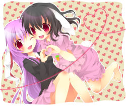 Rule 34 | 2girls, :d, ;d, animal ears, barefoot, black hair, blush, carrot, carrot necklace, dress, female focus, fuuna thise, heart, heart background, heart hands, heart hands duo, heart of string, inaba tewi, jewelry, long hair, multiple girls, necklace, one eye closed, open mouth, pink hair, rabbit ears, rabbit girl, rabbit tail, red eyes, reisen udongein inaba, shirt, short hair, skirt, smile, string, string of fate, tail, touhou, very long hair, wink