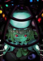 Rule 34 | 1girl, absurdres, ascot, bad id, bad pixiv id, blonde hair, blood, bloody tears, cage, face, female focus, flandre scarlet, glowing, hat, highres, momiji oroshi, red eyes, skull, slit pupils, smile, solo, tears, touhou