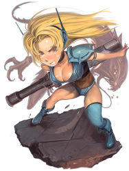 Rule 34 | 1girl, alien, angry, armband, armor, asymmetrical clothes, blonde hair, blush, boots, breasts, choker, cleavage, contra, contra dual spirits, contra hard corps, contra iv, game console, handheld game console, hard corps, headset, huge breasts, kichin yarou, konami, large breasts, leaning forward, legs, long hair, m1 bazooka, midriff, monster, nintendo, nintendo ds, panties, pink eyes, rocket launcher, science fiction, sega mega drive, sheena etranzi, single thighhigh, solo, special mobile task force k-x, thighhighs, tongue, underwear, weapon
