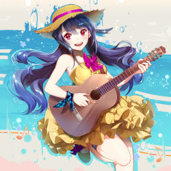 Rule 34 | 1girl, :d, acoustic guitar, bare shoulders, blush, bow, breasts, dress, guitar, hair ornament, hairclip, hat, instrument, leg up, long hair, looking at viewer, medium breasts, music, musical note, open mouth, phino, pink bow, pink eyes, playing instrument, purple hair, quaver, shoes, sleeveless, sleeveless dress, smile, solo, star (symbol), straw hat, thigh strap, vocaloid, water drop, xin hua, yellow dress, yellow footwear