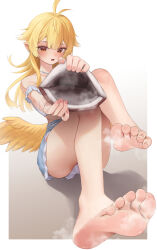 Rule 34 | 1girl, ahoge, bare legs, barefoot, blonde hair, blue shorts, blush, boots, collarbone, convenient leg, crop top, dorsiflexion, eyelashes, feathered wings, feet, foot focus, foreshortening, frilled shirt, frilled shorts, frills, full body, gradient background, grey background, highres, holding, holding clothes, holding footwear, legs, long hair, looking at viewer, off shoulder, on ground, open mouth, orange hair, original, pointy ears, rryiup, shirt, shorts, sidelocks, signature, sitting, smell, soles, solo, steaming body, thighs, toenails, toes, unworn boots, white background, white shirt, wings, yellow wings