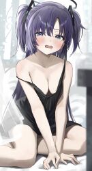 Rule 34 | 1girl, absurdres, black camisole, blue archive, blue eyes, blush, breasts, camisole, cleavage, collarbone, halo, hidulume, highres, looking at viewer, medium breasts, on bed, open mouth, purple hair, sleepy, solo, two side up, yuuka (blue archive)