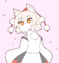 Rule 34 | 1girl, animal ears, bright pupils, galvez, hat, inubashiri momiji, open mouth, pink background, pom pom (clothes), red eyes, red hat, shirt, short eyebrows, short hair, simple background, solo, tokin hat, touhou, white hair, white pupils, white shirt, wolf ears