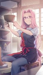 Rule 34 | 1girl, bad source, craft essence (fate), fate/grand order, fate (series), forehead, glasses, long hair, looking at viewer, low-tied long hair, medusa (fate), medusa (result of the soil) (fate), medusa (rider) (fate), noko morokoshi, official alternate costume, pink eyes, pink hair, pottery, shirt, solo, square pupils, very long hair, white shirt