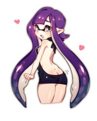 Rule 34 | 1girl, ass, back, black sweater, blush, breasts, butt crack, cropped legs, fang, female focus, from behind, grey eyes, heart, highres, inkling, inkling girl, inkling player character, long hair, looking at viewer, looking back, meme attire, nintendo, nitronic, open mouth, pointy ears, purple hair, sideboob, simple background, skin fang, small breasts, solo, splatoon (series), suction cups, sweater, tentacle hair, very long hair, virgin killer sweater, white background