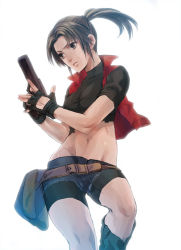 Rule 34 | 1girl, abs, bad id, bad pixiv id, bike shorts, claire redfield, gloves, gun, katou teppei, midriff, navel, ponytail, resident evil, resident evil 2, shorts, solo, sweat, weapon