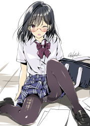 Rule 34 | 1girl, ;o, ass, bad id, bad pixiv id, bag, black footwear, black hair, black pantyhose, blue skirt, bow, bowtie, collared shirt, commentary request, crotch seam, dated, glasses, highres, knee up, kobayashi chisato, loafers, looking at viewer, medium hair, miniskirt, one eye closed, open mouth, original, panties, panties under pantyhose, pantyhose, plaid, plaid skirt, red-framed eyewear, red eyes, school bag, school uniform, shirt, shirt tucked in, shoes, short sleeves, signature, sitting, skirt, solo, striped bow, striped bowtie, striped clothes, striped neckwear, thighband pantyhose, underwear, white shirt