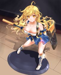 Rule 34 | + +, 1girl, ahoge, bare shoulders, baseball bat, blonde hair, blue skirt, boots, breasts, cleavage, closed mouth, collarbone, commentary, covered erect nipples, crop top, cross-laced footwear, earrings, figure, figure story, fingerless gloves, floating hair, frilled skirt, frills, full body, gloves, hair ornament, hairclip, highres, holding, holding baseball bat, holding shield, jewelry, large breasts, leaning forward, legs apart, long hair, looking at viewer, no bra, platform, shadow, shield, skirt, smile, solo, stance, suspenders, symbol-shaped pupils, tachibana tou, yellow eyes, yuki (figure story)