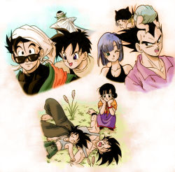 Rule 34 | 3girls, 6+boys, :d, ;), annoyed, baby, back turned, black eyes, black hair, black shirt, blue eyes, blue hair, bracelet, brothers, bulma, cape, chi-chi (dragon ball), chinese clothes, diaper, dragon ball, dragonball z, father and son, frown, jewelry, looking at another, looking up, masa (p-piyo), mother and son, multiple boys, multiple girls, nervous, nib pen (medium), one eye closed, open mouth, piccolo, pink shirt, pointy ears, shirt, short hair, siblings, simple background, sleeping, sleeping on person, smile, son gohan, son goku, son goten, sunglasses, sweatdrop, traditional media, trunks (dragon ball), turban, vegeta, videl, white background
