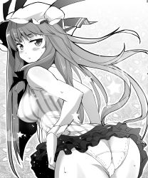 Rule 34 | 1girl, alternate costume, ass, bare shoulders, blush, breasts, covered erect nipples, female focus, greyscale, haruhina purple, hat, highres, large breasts, long hair, looking back, monochrome, panties, pantyshot, patchouli knowledge, sleeveless, solo, star (symbol), sweat, touhou, underwear, upskirt, very long hair