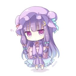 Rule 34 | 1girl, blue bow, blush, bow, chibi, closed mouth, crescent, crescent hair ornament, dated, full body, hair bow, hair ornament, long hair, long sleeves, looking at viewer, patchouli knowledge, pink bow, purple eyes, purple hair, solo, touhou, yamayu