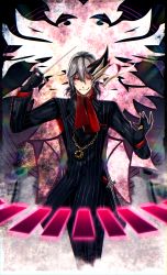 Rule 34 | 1boy, antonio salieri (fate), antonio salieri (second ascension) (fate), ascot, black gloves, black jacket, black pants, collared shirt, fate/grand order, fate (series), formal, gloves, highres, holding, jacket, jewelry, long sleeves, looking at viewer, male focus, necklace, neckwear request, pants, pinstripe pants, pinstripe pattern, ponita, red ascot, ring, shirt, short hair, smirk, solo, striped, suit, white hair, white shirt
