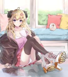 Rule 34 | 1girl, alternate costume, black jacket, blonde hair, boots, breasts, casual, cleavage, collarbone, cup, elphe, hair ornament, hairclip, high heel boots, high heels, highres, holding, holding cup, hololive, horns, jacket, looking at viewer, medium breasts, mug, off shoulder, pink sweater, purple eyes, red skirt, sheep girl, sheep horns, single thighhigh, sitting, skirt, smile, solo, stuffed animal, stuffed sheep, stuffed toy, sweater, thighhighs, tsunomaki watame, virtual youtuber