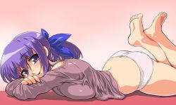 Rule 34 | 1girl, ass, bad id, bad pixiv id, barefoot, blush, breast press, breasts, butt crack, dd (ijigendd), feet, large breasts, lying, nt-tan, on stomach, os-tan, panties, ponytail, purple eyes, purple hair, short hair, smile, solo, underwear