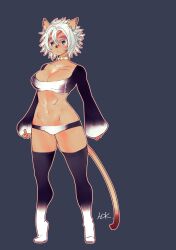 Rule 34 | 1girl, adventurer (ff11), animal ears, blue background, blue eyes, breasts, cat ears, cat girl, cat tail, cleavage, colored eyelashes, doraeshi, facial mark, final fantasy, final fantasy xi, full body, highres, large breasts, legs apart, mithra (ff11), navel, outline, panties, pink outline, short hair, simple background, sleeves past wrists, solo, standing, tail, thighhighs, thighs, tiptoes, underwear, whisker markings, white hair