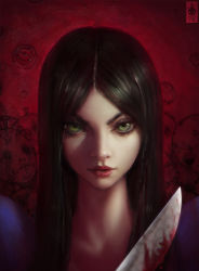 Rule 34 | 1girl, alice: madness returns, alice (alice in wonderland), alice in wonderland, alice liddell (american mcgee&#039;s alice), american mcgee&#039;s alice, black hair, blood, close-up, dress, green eyes, highres, knife, lips, long hair, looking at viewer, photorealistic, realistic, smile, solo, weapon, zeronis