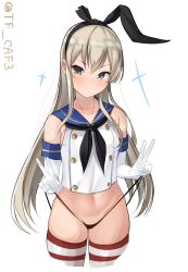 Rule 34 | 1girl, black hairband, black neckerchief, black panties, blonde hair, blue sailor collar, crop top, cropped legs, double v, elbow gloves, gloves, grey eyes, hairband, highleg, highleg panties, kantai collection, long hair, looking at viewer, navel, neckerchief, no pants, one-hour drawing challenge, panties, panty pull, pulled by self, sailor collar, school uniform, serafuku, shimakaze (kancolle), shirt, solo, striped clothes, striped thighhighs, tf cafe, thighhighs, twitter username, underwear, v, white background, white gloves, white shirt