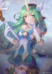 Rule 34 | 1girl, alternate costume, alternate eye color, alternate hair color, alternate hairstyle, bad id, bad pixiv id, bare shoulders, blush, breasts, cleavage, dress, gloves, green eyes, green hair, horns, league of legends, long hair, looking at viewer, magical girl, medium breasts, pointy ears, single horn, solo, soraka (league of legends), star guardian (league of legends), star guardian soraka, thighhighs, very long hair, white gloves, white thighhighs, white wings, wings