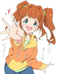Rule 34 | 1girl, blue eyes, blush, breasts, brown hair, collarbone, green shirt, hair tie, hand up, highres, hood, hood down, hoodie, idolmaster, idolmaster (classic), idolmaster million live!, idolmaster million live! theater days, long hair, long sleeves, looking at viewer, open hands, open mouth, orange hoodie, outstretched arm, reaching, reaching towards viewer, shirt, simple background, small breasts, smile, solo, striped clothes, striped shirt, takatsuki yayoi, twintails, umanosuke, upper body, white background