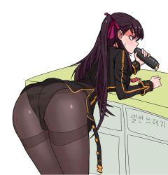 Rule 34 | 1girl, ass, bebetang, blush, breasts, cameltoe, dress, from behind, girls&#039; frontline, hair ribbon, large breasts, leaning, leaning forward, long hair, military, military uniform, panties, panties under pantyhose, pantyhose, purple hair, red eyes, ribbon, shiny clothes, sideboob, solo, sweat, underwear, uniform, very long hair, wa2000 (girls&#039; frontline)