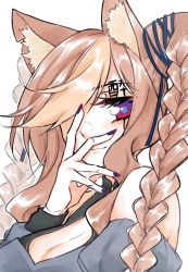 Rule 34 | 1girl, animal ear fluff, animal ears, black nails, blouse, braid, breasts, brown hair, cleavage, commentary, english commentary, grey shirt, hair over one eye, hand on own face, hazumi aileen, highres, indie virtual youtuber, leech (leecchie), lion ears, lion girl, long hair, medium breasts, nail polish, off shoulder, one eye covered, portrait, purple eyes, shirt, smile, solo, twin braids, virtual youtuber, vocaloid, yoidore shirazu (vocaloid)