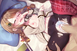 Rule 34 | 1girl, blush, book, braid, breasts, brown hair, censored, collarbone, cum, cum in pussy, dutch angle, closed eyes, flower knight girl, game cg, glasses, looking at viewer, medium hair, mosaic censoring, navel, open clothes, open mouth, pantyhose, penis, pillow, pov, pov hands, saliva, sex, small breasts, solo focus, torn clothes, torn legwear