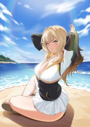 Rule 34 | 1girl, arms up, beach, black hair, black jacket, blonde hair, blue eyes, blue sky, breasts, cleavage, closers, cloud, from side, full body, gradient hair, hands in hair, harpy (closers), highres, indian style, island, jacket, large breasts, leg ribbon, lens flare, long hair, long sleeves, looking at viewer, looking to the side, miniskirt, multicolored clothes, multicolored hair, multicolored jacket, nail polish, ocean, official art, outdoors, pleated skirt, ribbon, sand, sandals, sidelocks, sitting, skirt, sky, smile, solo, two-tone jacket, v-shaped eyebrows, white footwear, white jacket, white ribbon, white skirt