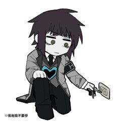 Rule 34 | armband, black armband, black necktie, black pants, chinese commentary, coat, collared shirt, colored skin, commentary request, e.g.o (project moon), employee (project moon), green eyes, grey coat, grey vest, hand on own knee, holding, holding key, key, keyring, lobotomy corporation, long sleeves, male focus, necktie, on one knee, open clothes, open coat, pants, project moon, purple hair, shirt, short hair, simple background, smoke (killscreen s), translation request, vest, white background, white shirt, white skin