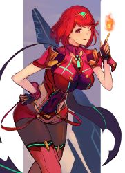 Rule 34 | absurdres, backless outfit, bob cut, breasts, chest jewel, fingerless gloves, fire, gloves, hand on own hip, highres, large breasts, pantyhose under shorts, nintendo, one eye closed, pantyhose, pyra (xenoblade), red eyes, red hair, red shorts, red thighhighs, short hair, short shorts, short sleeves, shorts, super smash bros., swept bangs, thighhighs, thighhighs over pantyhose, tiara, user zwun4834, xenoblade chronicles (series), xenoblade chronicles 2